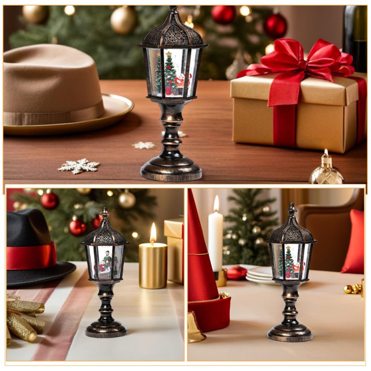 Operitacx 2 Pezzi Lanterna Natalizia a Globo di Neve Musica, Decorazione Luminosa in Resina e PVC, Alimentazione USB, Artigianato Robusto per Casa e Ufficio