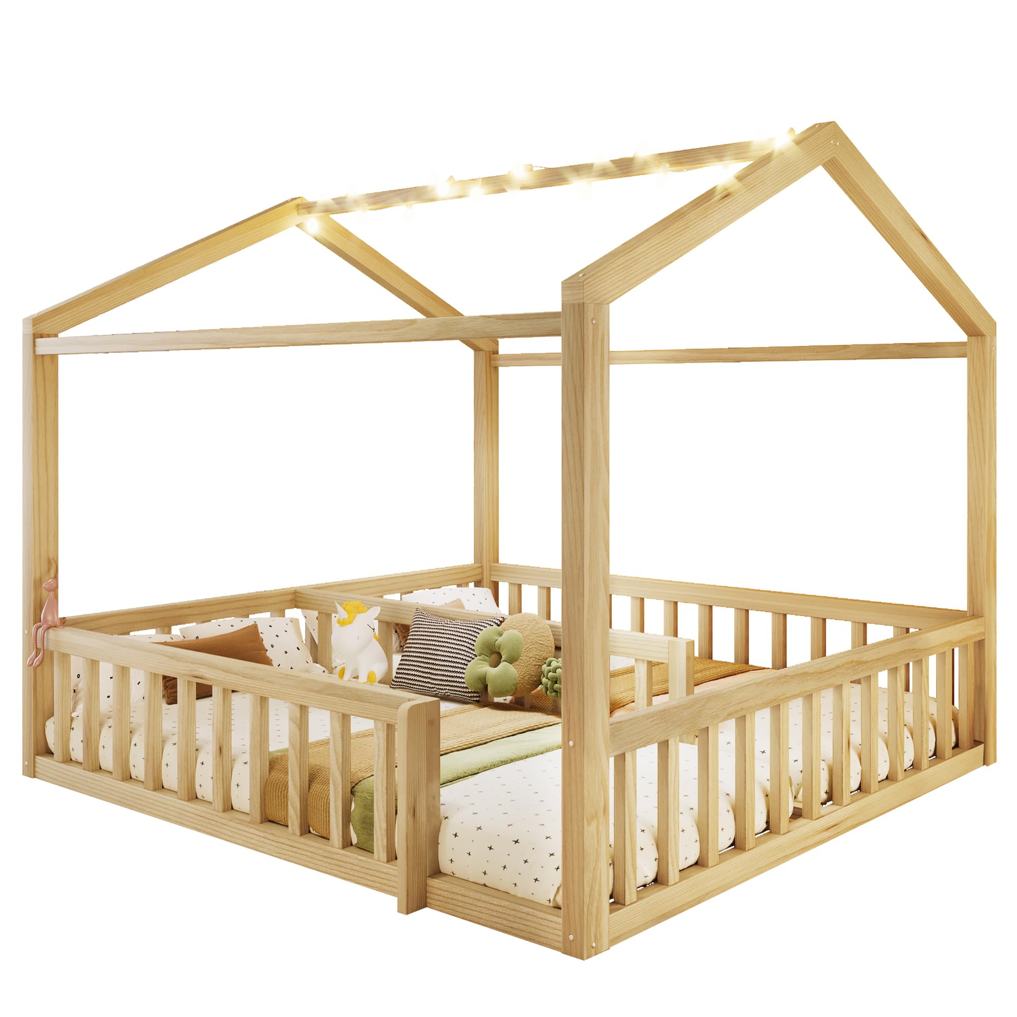Soweiz Letto piano con rete a doghe, 90 x 190 cm x 2/180 x 190 cm, lettino con griglia, listello in legno di pino, senza materasso, perline LED (naturale)