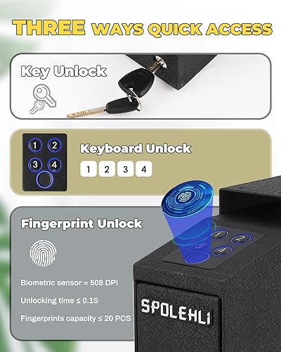 Miniatura 4 de Spolehli Caja fuerte para pistola deslizante, caja fuerte montada para pistola con puerta corredera automática, acceso rápido con huella dactilar,