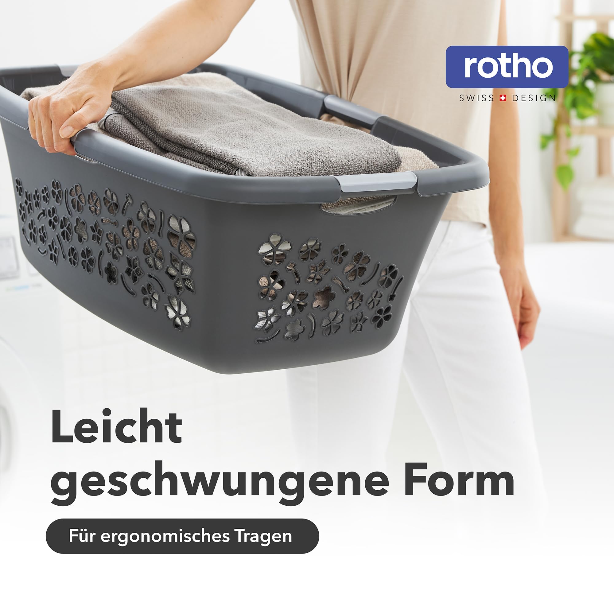 Rotho Flowers 3er-Set Wäschekorb 50l | mit Belüftungslöchern | mit 4 Griffen für bequemes Tragen | robust & langlebig | einfach zu reinigen & hygienisch | anthrazit