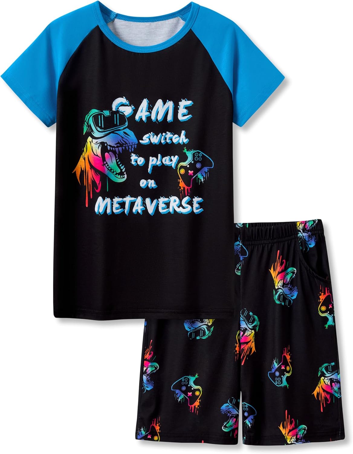 Tebbis 2-Piece Cozy Pajamas For Little/Big Boys Gamer Yellow Short Sleeves Cool PJs Set Kid Size 6-18