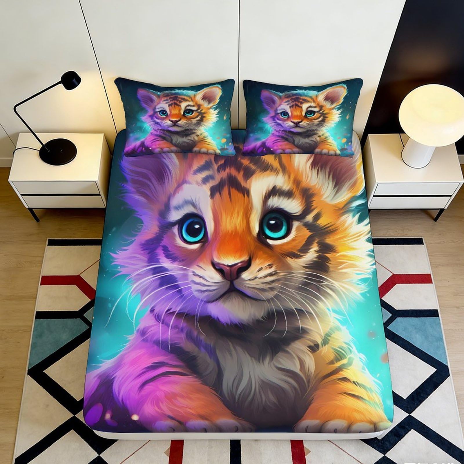 3D Printed Colorful Tiger Cub Fitted Sheet Microfiber Soft Durable Vibrant Bed Cover for Bedroom Dormitory Guest Room Mattress Protection Decor 140x200x25cm