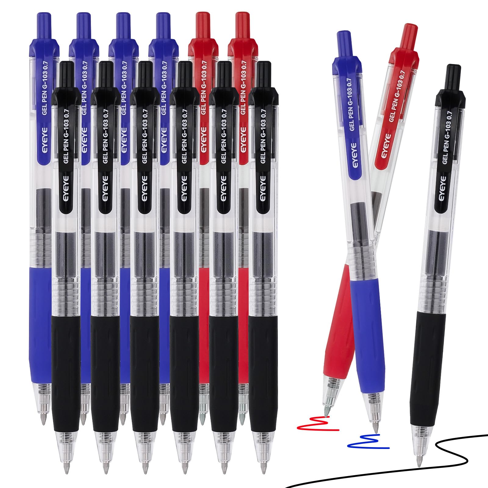 EYEYE 0.7mm Gel Pens Pack of 15 7 Black 5 Blue 3 Red Retractable Pens Medium Point Smothing Writing Pens for Office, School