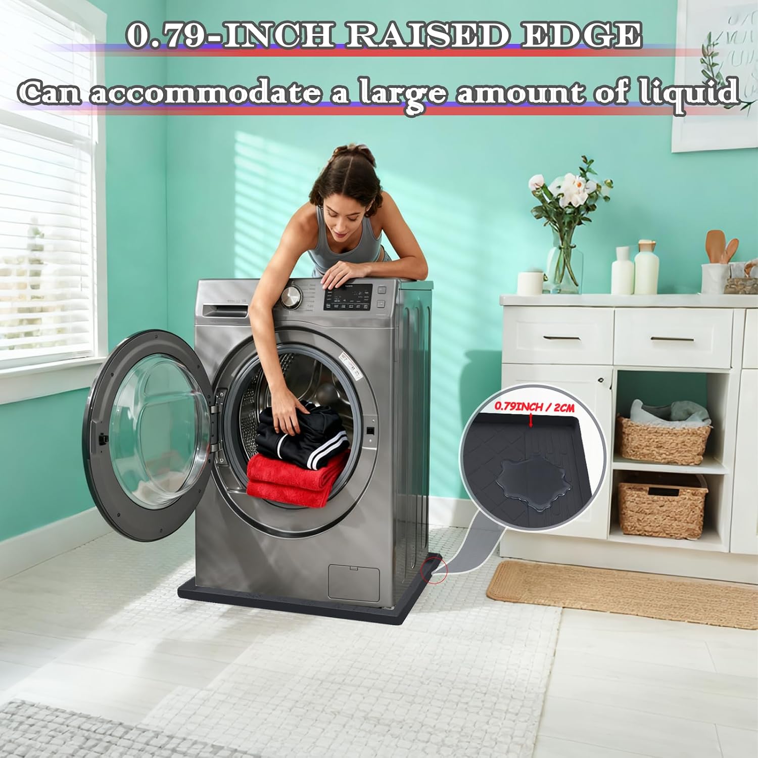 27×27×0.79inch Washer Drain Pan Silicone Mat, Waterproof Anti-Vibration Non-Slip Washer Drip Tray, With Raised Edge Washing Machine Silicone Mat, Floor Leak Protector for Laundry Room（Black）