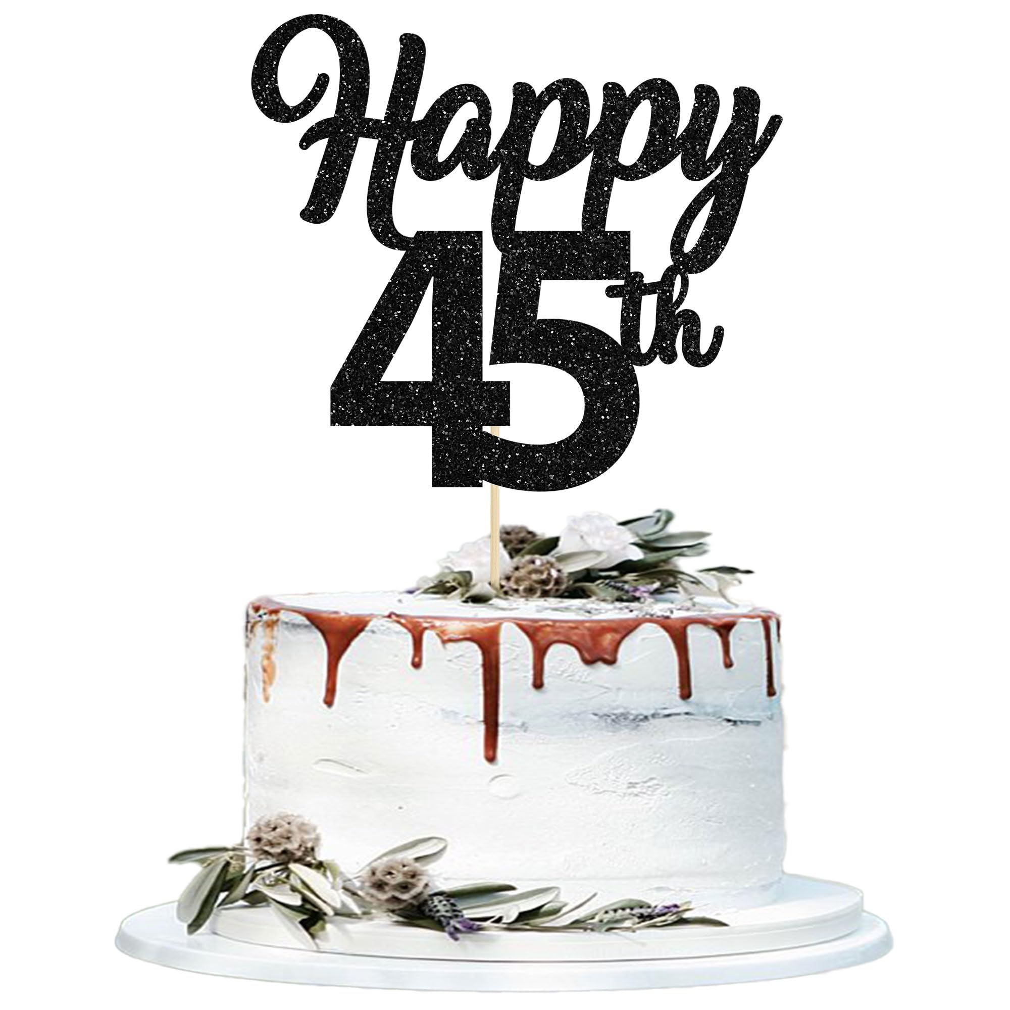 3Pcs Happy 45th Cake Toppers Black Glitter Number 45 Forty Birthday Cake Pick Decorations for Cheers to 45 Years Old 45th Birthday Wedding Anniversary