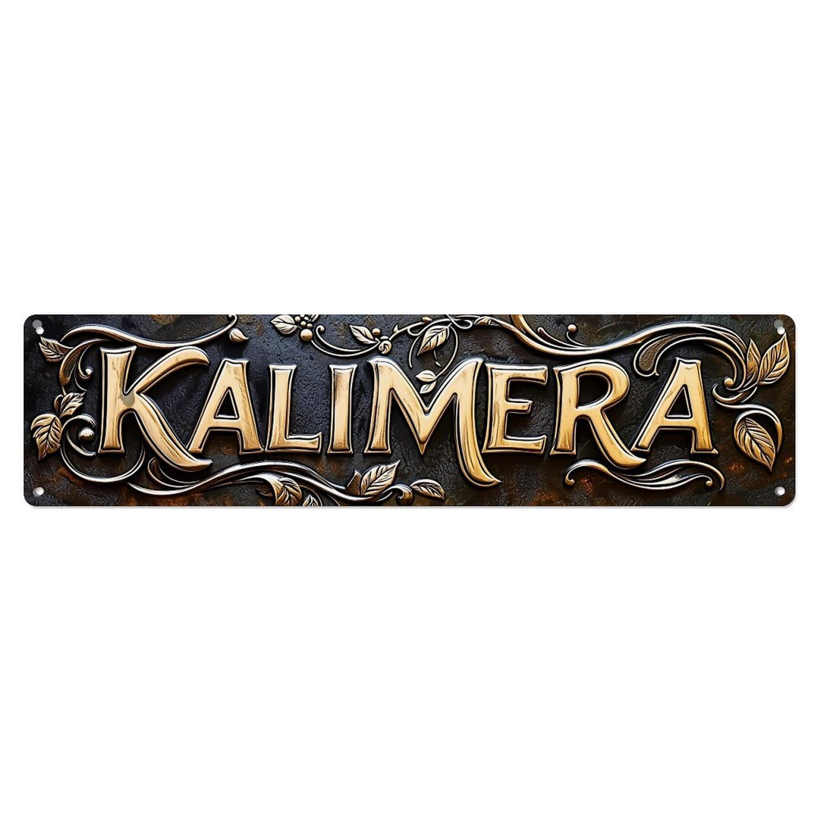 Jdyansheng Vintage Kalimera Ornate Gold Lettering Tin Sign Metal Poster Metal Signs For Home Man Cave Bar Cafe Kitchen Laundry Room Wall Decorations 4X16 Inches