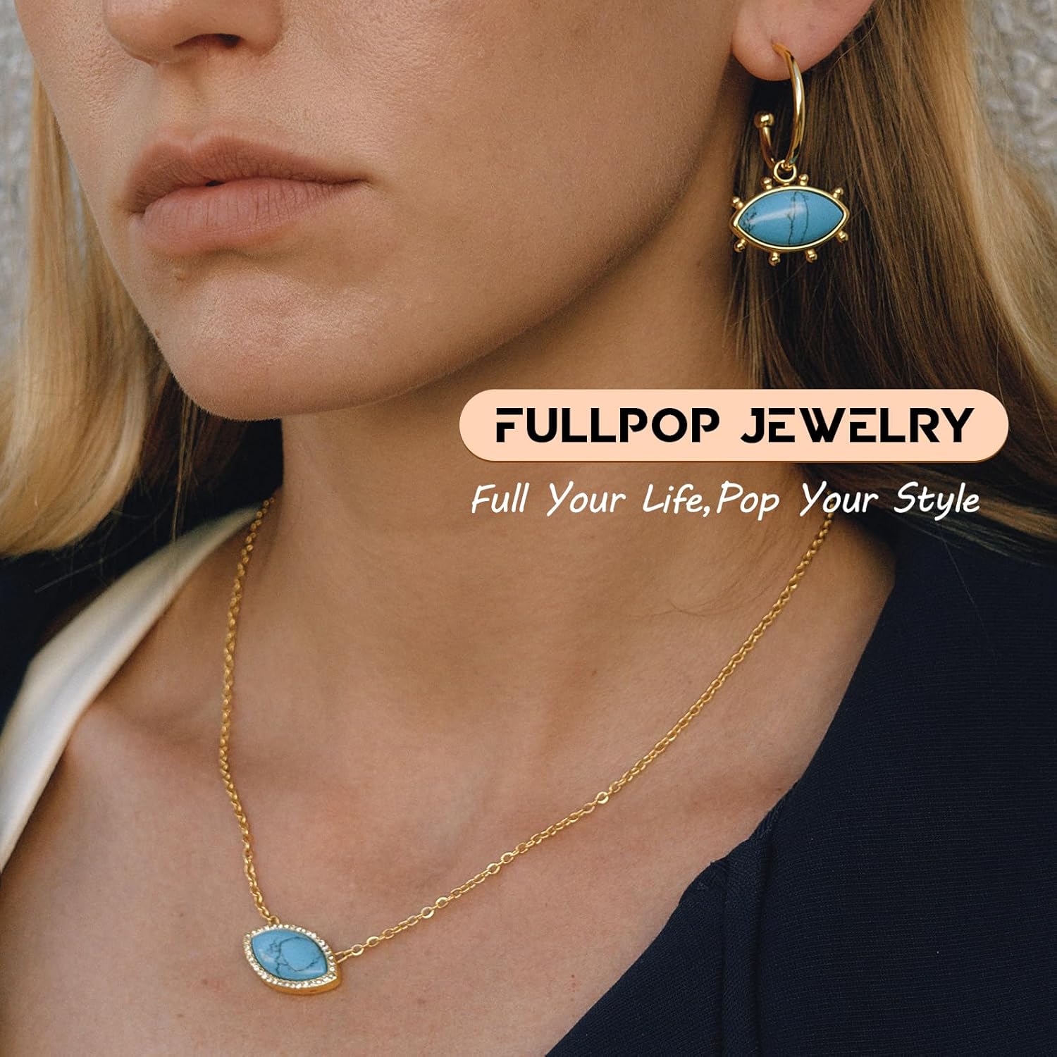 Fullpop Gold Evil Eye Necklaces for Women Trendy Set, Dainty Gold Pendant Necklace for Women Turquoise Necklaces for Women Beaded Necklace Stainless Steel Choker Necklace Valentine Christmas Gifts