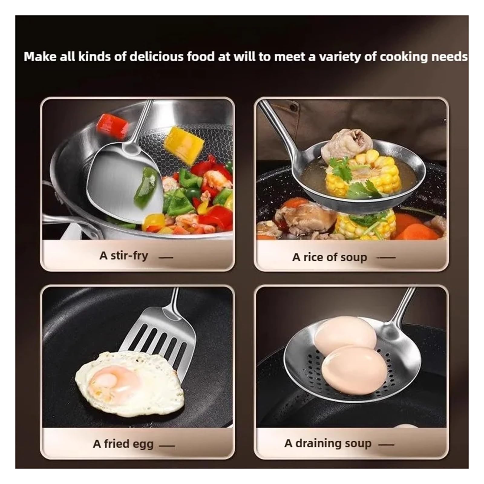 Generico Spatola for Wok in Acciaio Inossidabile 316, Utensili da Cucina in Metallo, Cucchiaio Forato, mestolo, Set di, Accessori(3PCS Set A)