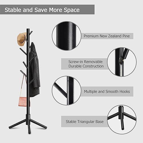 Miniatura 5 de Azaeahom Perchero independiente con 8 ganchos, 3 percheros de altura ajustable, soporte para colgar ropa, árbol de madera fácil de montar para