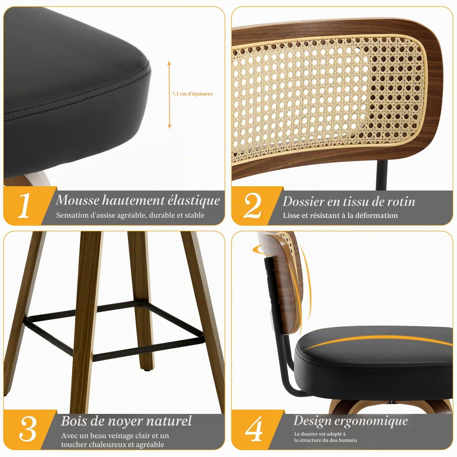 Bekrvio Lot de 2 tabourets de bar avec dossier, hauteur d'assise 65 cm, rotatif à 360°, tabouret de bar en rotin en bois avec siège extra épais (7,1 cm), 4 pieds stables, chaise de bar pour îlot de