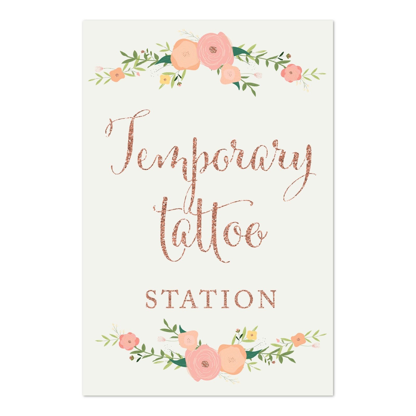 Andaz Press Framed Wedding Party Signs, Faux Rose Gold Glitter with Pink Peach Florals, 4x6-inch, Temporary Tattoo Station, 1-Pack