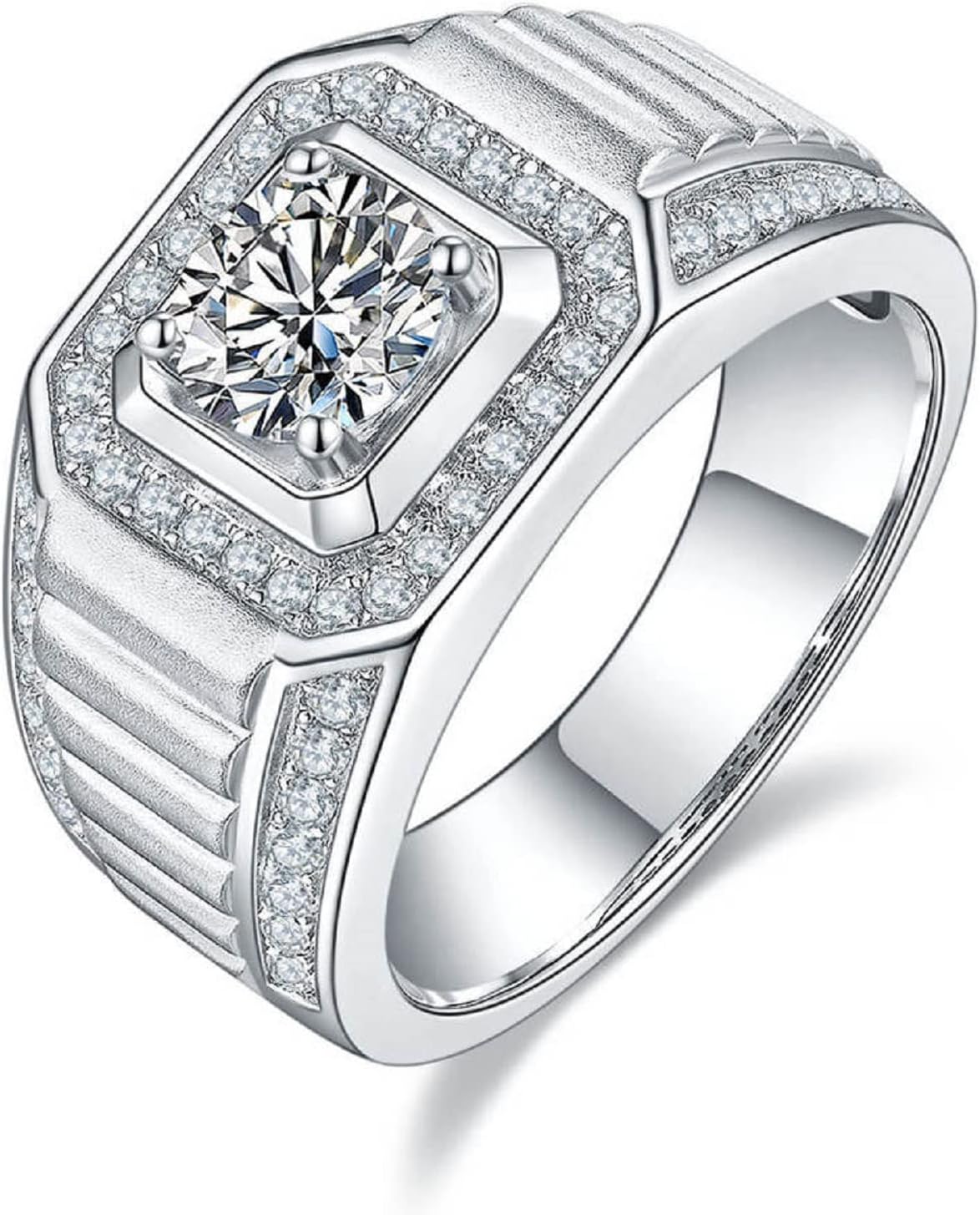 Personality One Carat Silver Moissanite Atmospheric Men Business Crushed Ice Moissanite Ring Men's Fashion Wide Surface Inlaid Moissanite Ring Jewelry Rings for Men Father