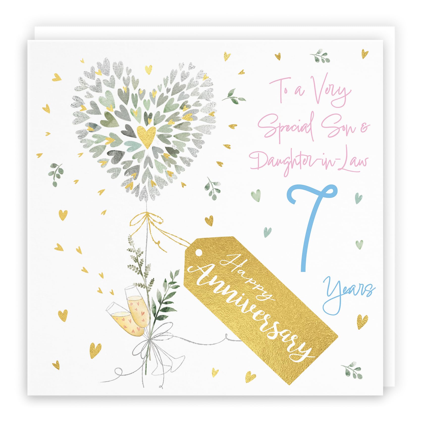 Hunts England, Son And Daughter-in-Law 7th Anniversary Card, 7 Years, Contemporary Hearts, Gold Foil