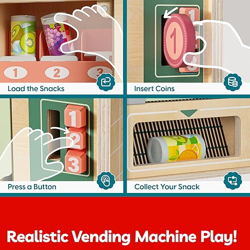 Miniatura 3 de TOP BRIGHT Juego de máquina expendedora de madera, comida para niños, juguetes de simulación con barras de madera y latas de bebidas, juguetes