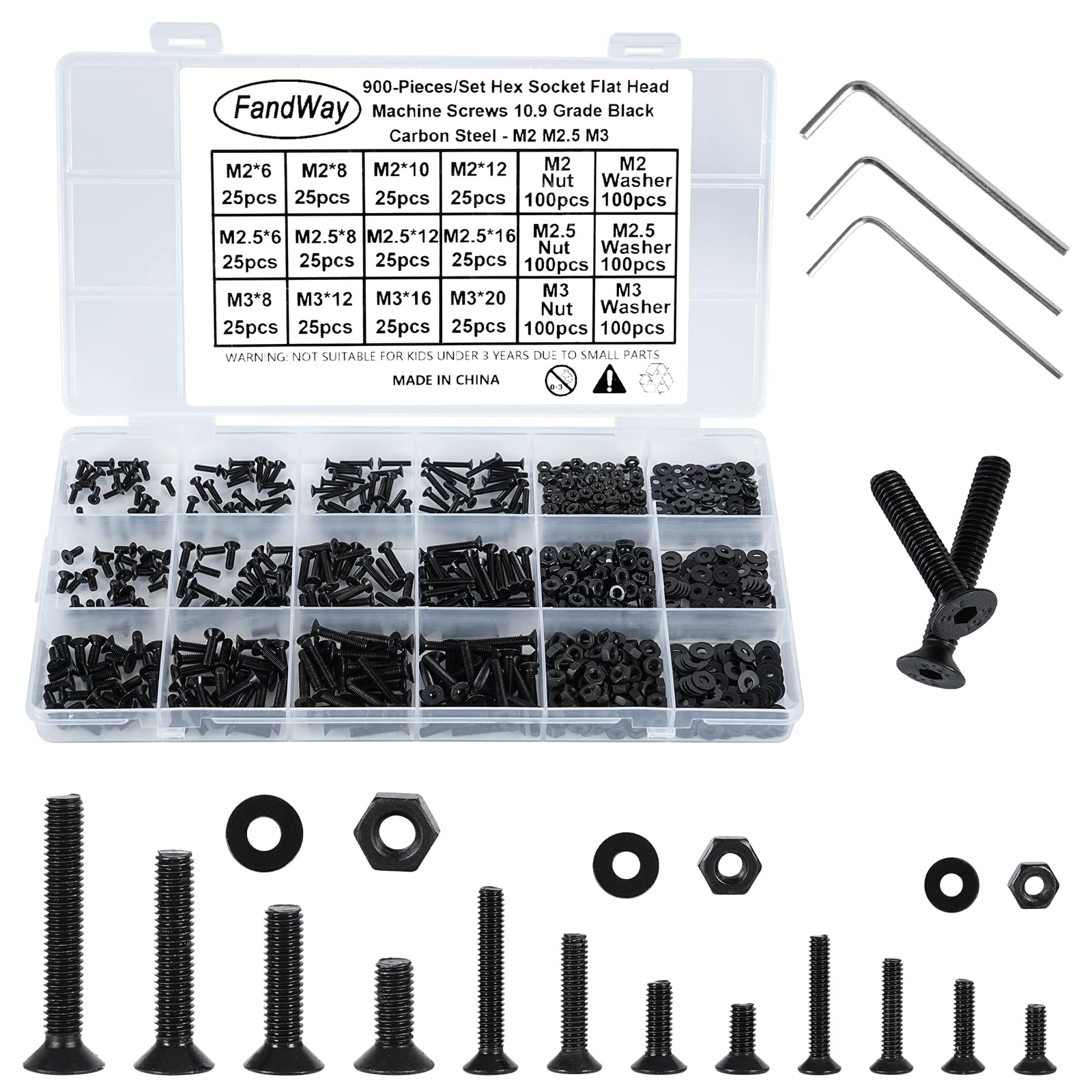 FandWay 900Pcs Bolts and Nuts Set,M2 M2.5 M3 Countersunk Machine Screws,DIN 7991 Allen Screws,Flat Head Black Bolts and Washers Set 10.9 Grade Alloy Steel Fully Threaded With 3 Allen Key.