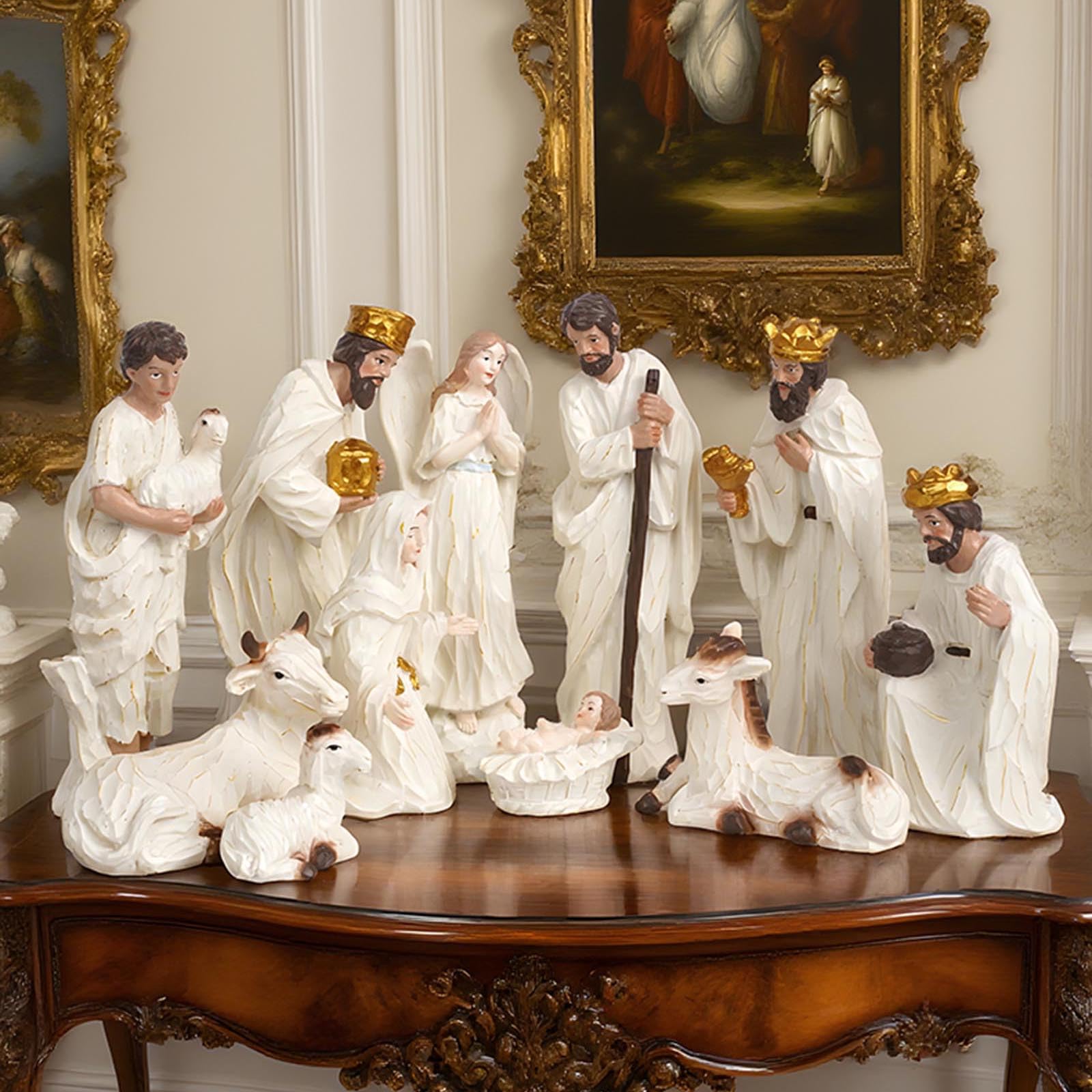Statua in resina per presepe della Sacra Famiglia, ornamento natalizio da tavolo con stalla e mangiatoia per casa, vacanze, presepe natalizio