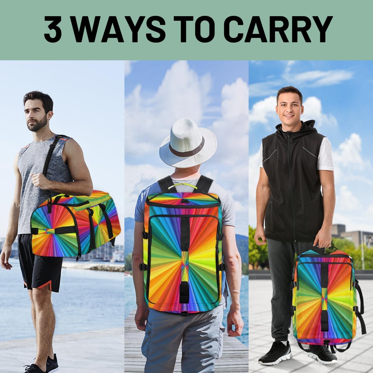 Large Sports Gym Bag With Shoe & Laptop Compartment 47L Waterproof Travel Duffel Bags for Men Women Rainbow Swirl Style Luggage Backpack Duffle Bag