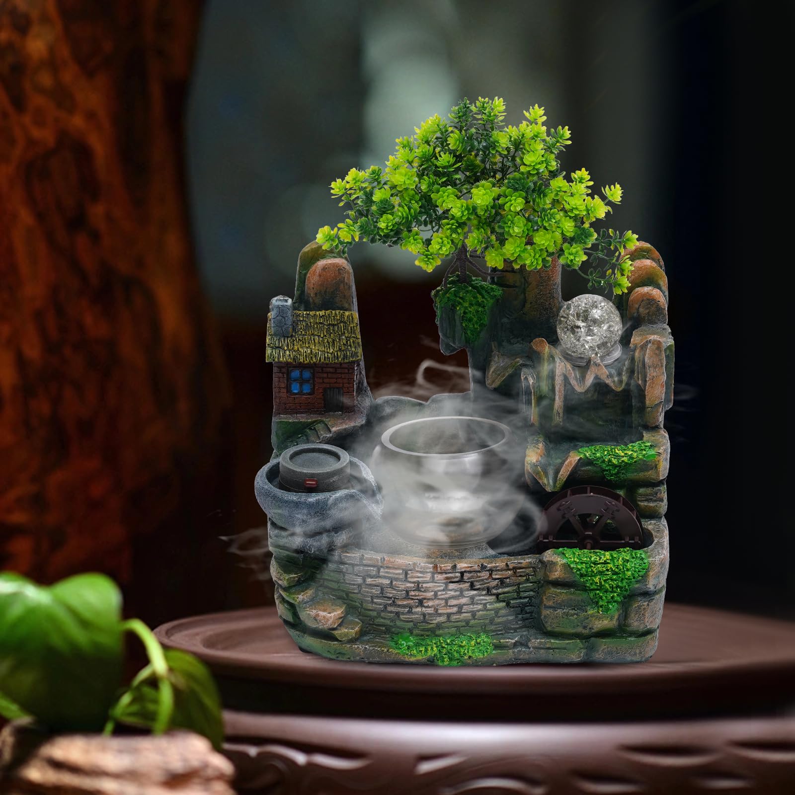 Fuente de habitación con iluminación y árbol decorativo, fuente de mesa LED para relajación Zen, decoración de salón, oficina, fuente silenciosa con humidificador, Feng Shui, fuente de agua