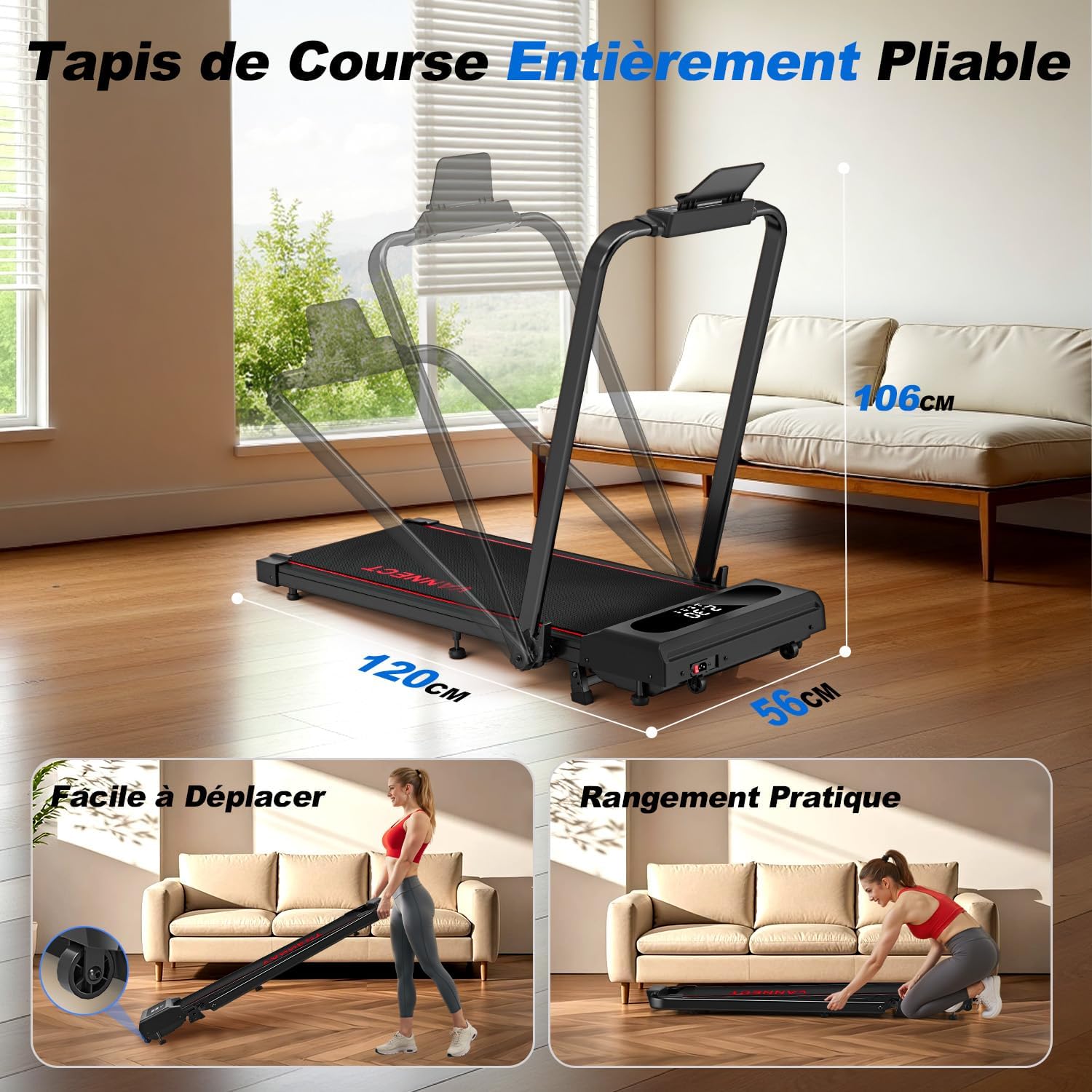 VANNECT treadmill being unfolded and stored under a sofa.