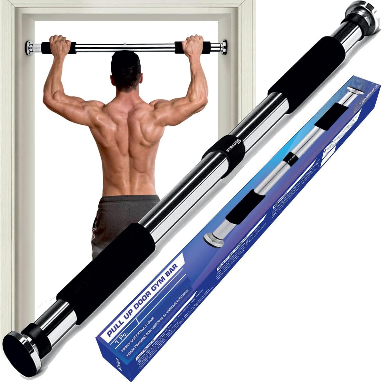 Strauss Chin Up Door Bar | Pull Up Bars for Home Workout with Palm Pad and Anti-Skid Grip | Door Way Adjustable Length Hanging Rod | Hanging Bar for Pull-ups,Push ups & Chin ups