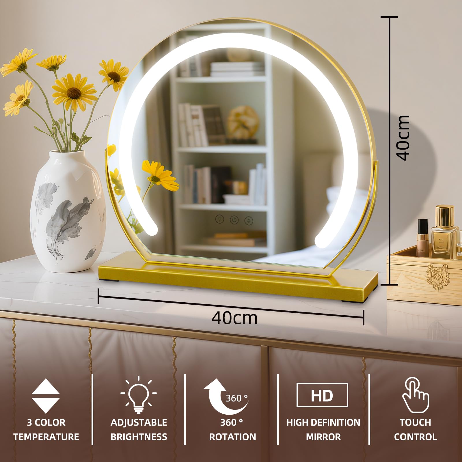 Tischspiegel Kosmetikspiegel mit Beleuchtung Schminkspiegel mit Licht 3 Farbtemperatur Verstellbares 360° Drehung 40x40cm 9W Touch Steuerung Plug-in Makeup Spiegel für Zuhause Gold
