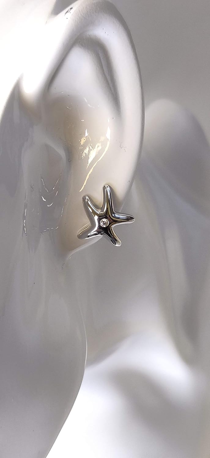 LaTisoro Solid Sterling Silver Tiny Starfish Stud Earrings w/Cubic Zirconia, Mini Ocean Animal CZ Jewelry