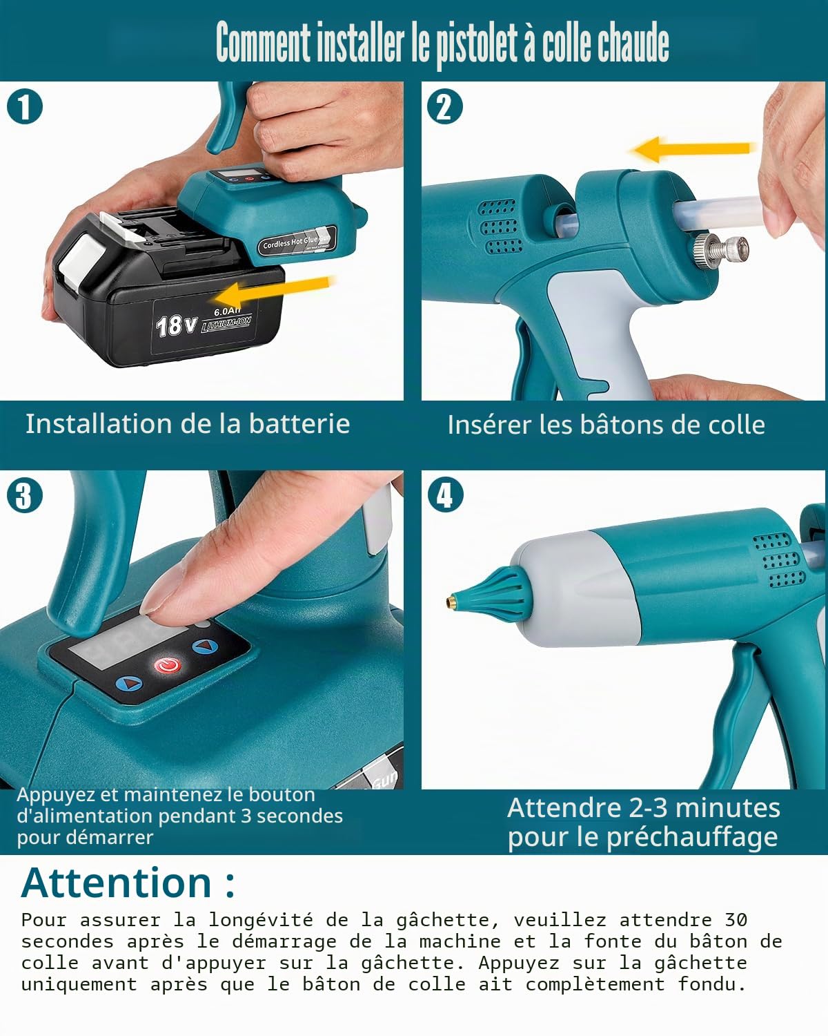 Kit de pistolet à colle chaude sans fil pour Batterie Makita 18 V LXT - Pistolet numérique LED avec 10 bâtons de colle chaude de 0,43" - Pour réparations à la maison, art et artisanat