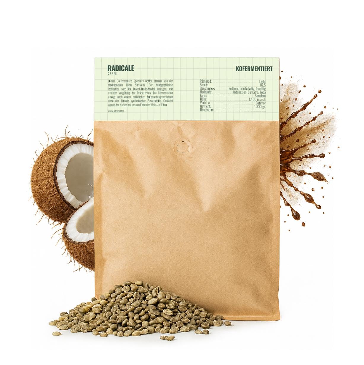 1kg Grüner Spezialitätenkaffee - Kokosnuss Co-Ferment Rohkaffee aus Sumatra - Ungeröstete Kaffeebohnen zum Selbströsten - Catimor Arabica mit natürlichem Kokosaroma