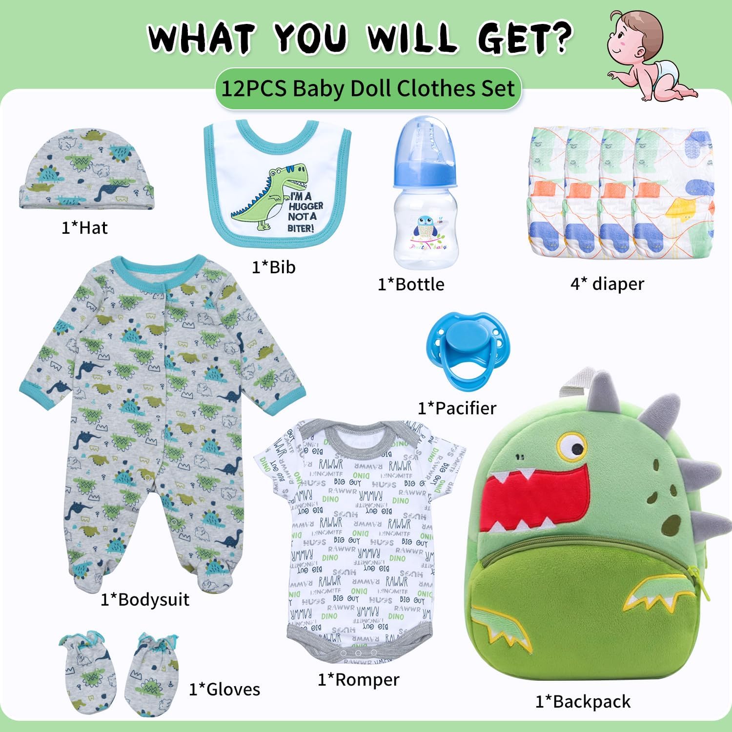 12Pcs Reborn Baby Doll Boy Clothes 17-22 Inch with Backpack & Diapers Accessories Set Dinosaur Doll Clothing Cotton Outfit Newborn Baby Dolls Accessories Stuffs