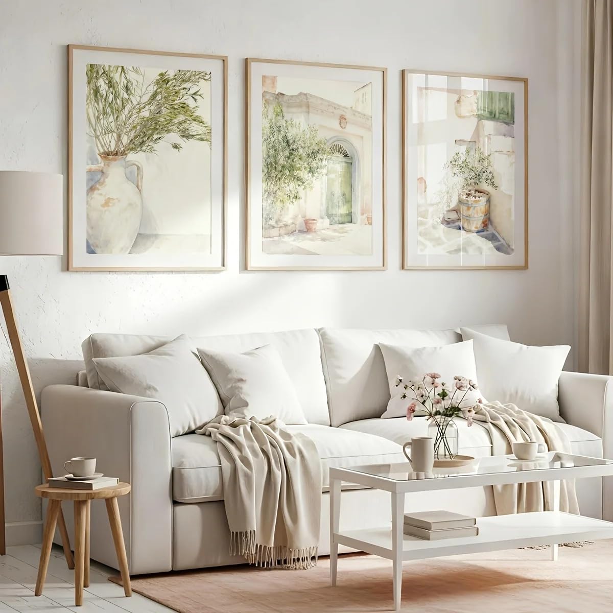 Dittelle Set aus 3 mediterranen Aquarell-Leinwanddrucken, sanft neutrale olivgrüne botanische griechische Hof-Wandkunst, Wohnzimmer (30x45cmx3/Innenrahmen)