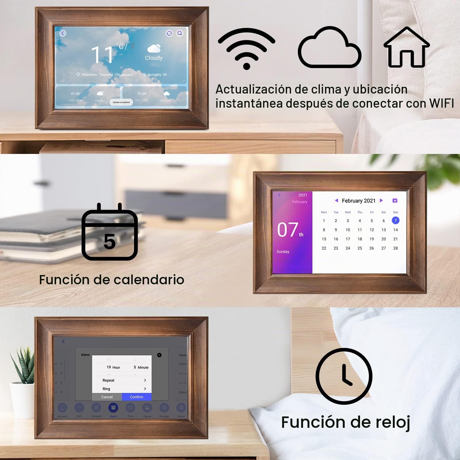 Marco de Fotos Digital WiFi Marco Digital de Foto de 10 Plgadas, IPS HD Pantalla Táctil, Smart Madera Marco para Fotos Electronico de 16GB Memoria, Auto-Rotación, Comparte Fotos/Videos Via App