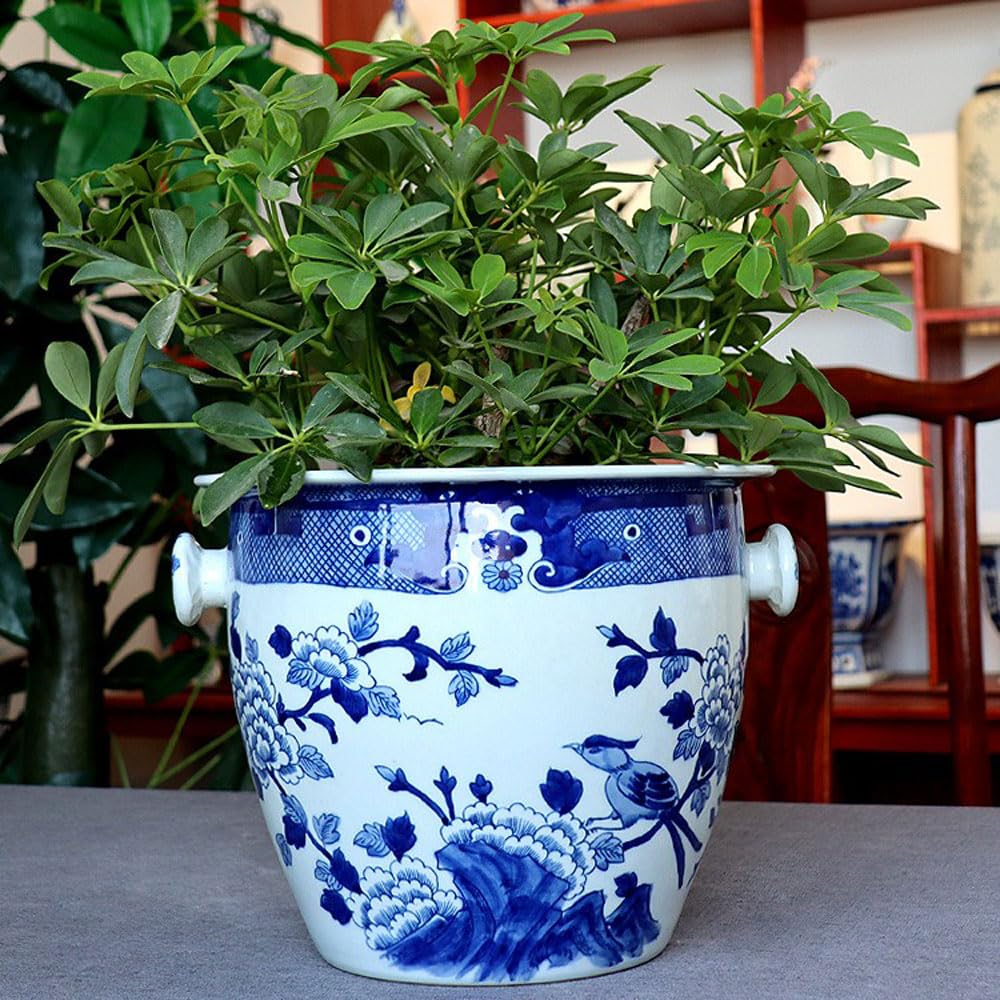 Amazon.co.jp: 青と白の磁器の植木鉢、両耳の壷、植木鉢、陶器の