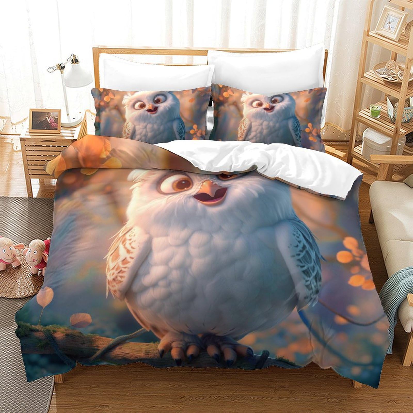 Linge de lit chouette blanche 3D en microfibre premium de qualité supérieure King size