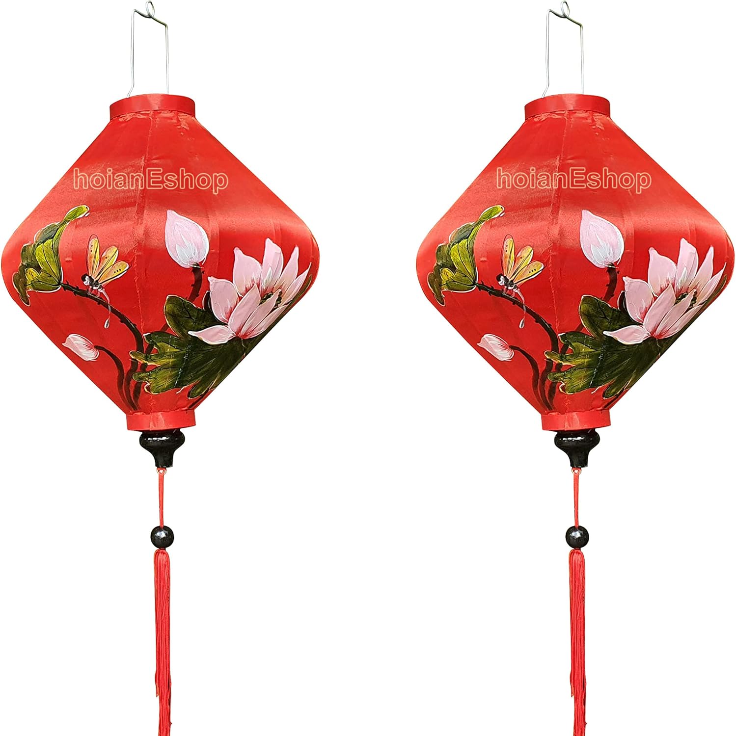 Vietnam Bamboo Silk Lanterns Hand-Painted Lotus on Fabric lamp for Wedding Decoration Garden Decoration Hand Painting Lantern Custom Made Lanterns (Set of 2 pcs)