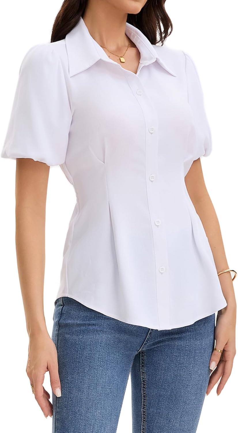Women's Business Casual Tops Short Sleeve Button Down Shirts Dressy Smocked Peplum Blouses Trendy Summer Outfits 2025 - Image 3