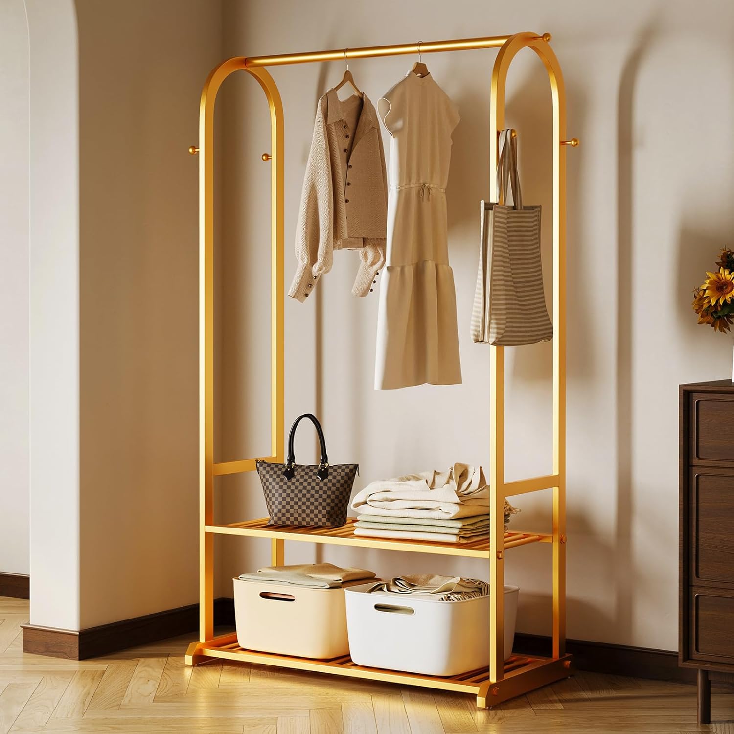 Sturdy heavy duty clothes rack,gold clothing rack with bottom shelves and 6 side hooks,Metal garment rack for hanging clothes for Bedroom gold, W:23.62 W:23.62