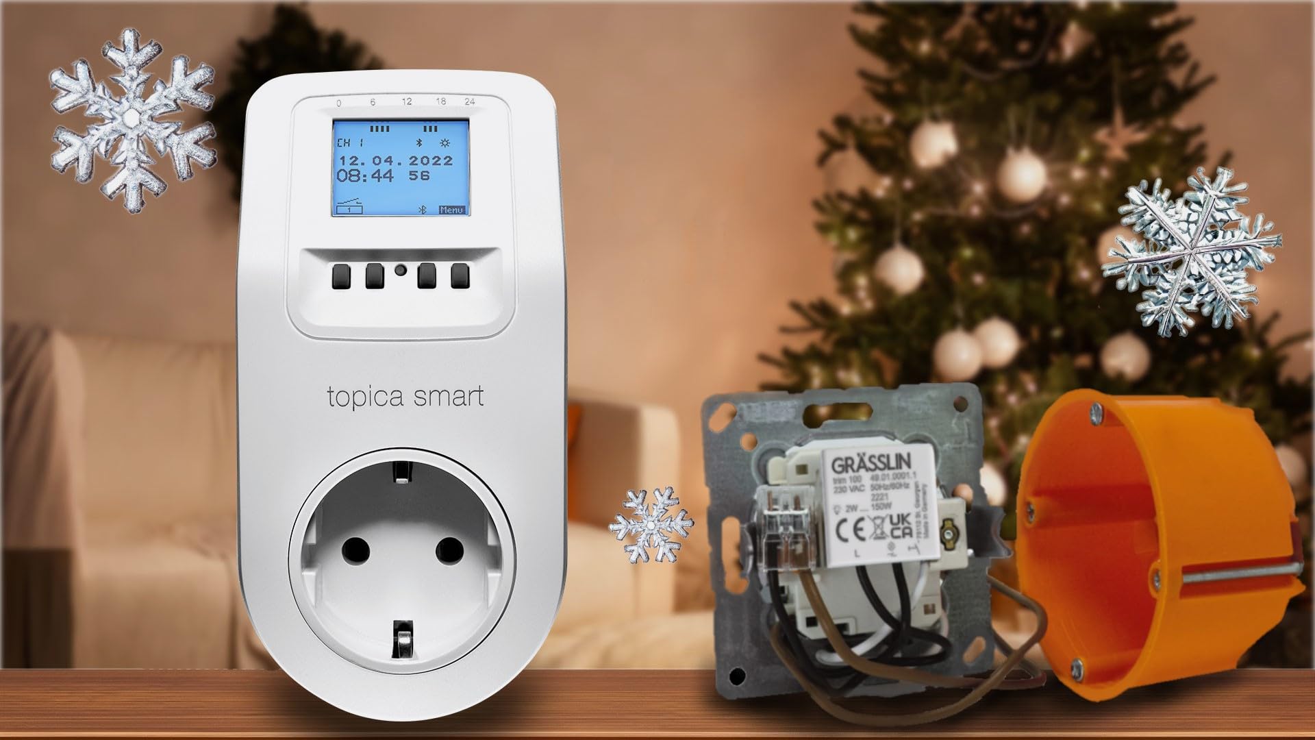 13.13.0055.1 topica smart Schuko-Zeitschaltuhr + Trim 100 Dimmer | Steckdosen-Zwischenstecker + Unterputz-Montage, Bluetooth/App, Astroprogramm, Memoryfunktion, automatische Lasterkennung, Set