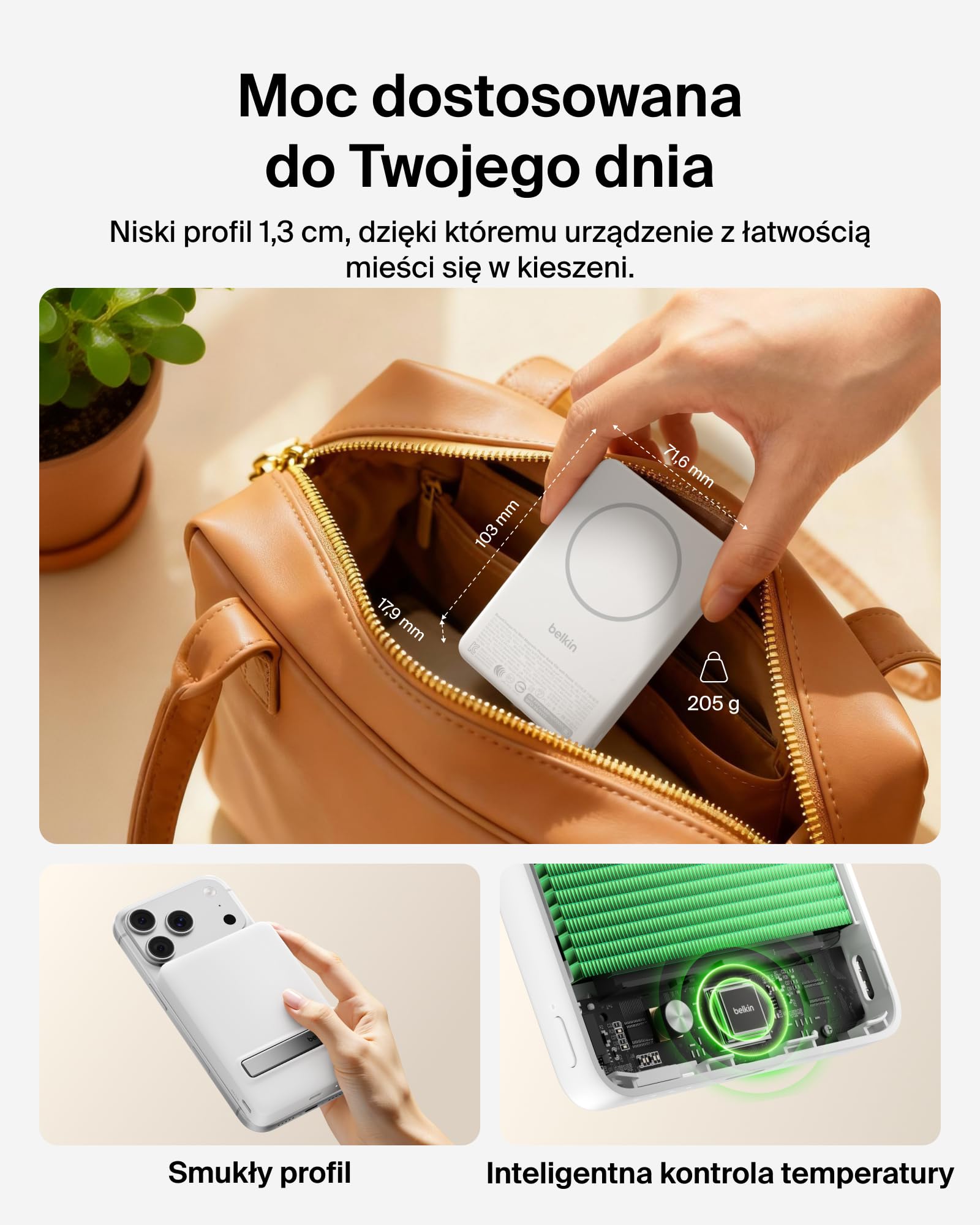 Belkin BoostCharge Niskoprofilowy Magnetyczny Powerbank 10 000 mAh – Biały | Powerbank Bezprzewodowy 10 000 mAh, Certyfikat Qi2, Pierścień Magnetyczny, Port USB-C, Kabel, Podpórka, do Podróży Samolotem