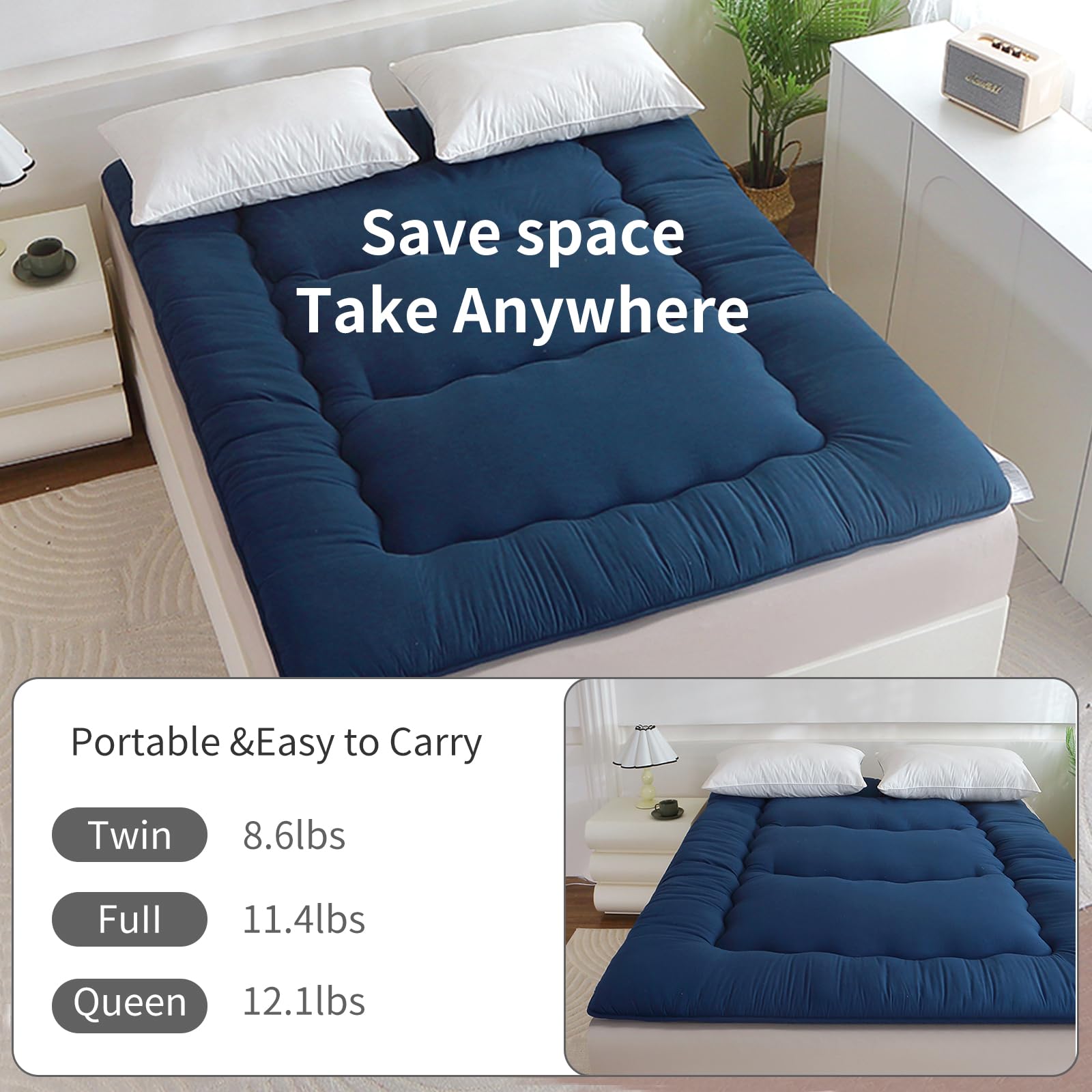 Futon-Matratze, japanische Bodenmatratze, Japanisches Bodenbett, faltbares Tatami-Bett, aufrollbare Schlafunterlage für Gästeraum, Schlafzimmer (Marineblau, Full-Matratze(137 * 203CM))