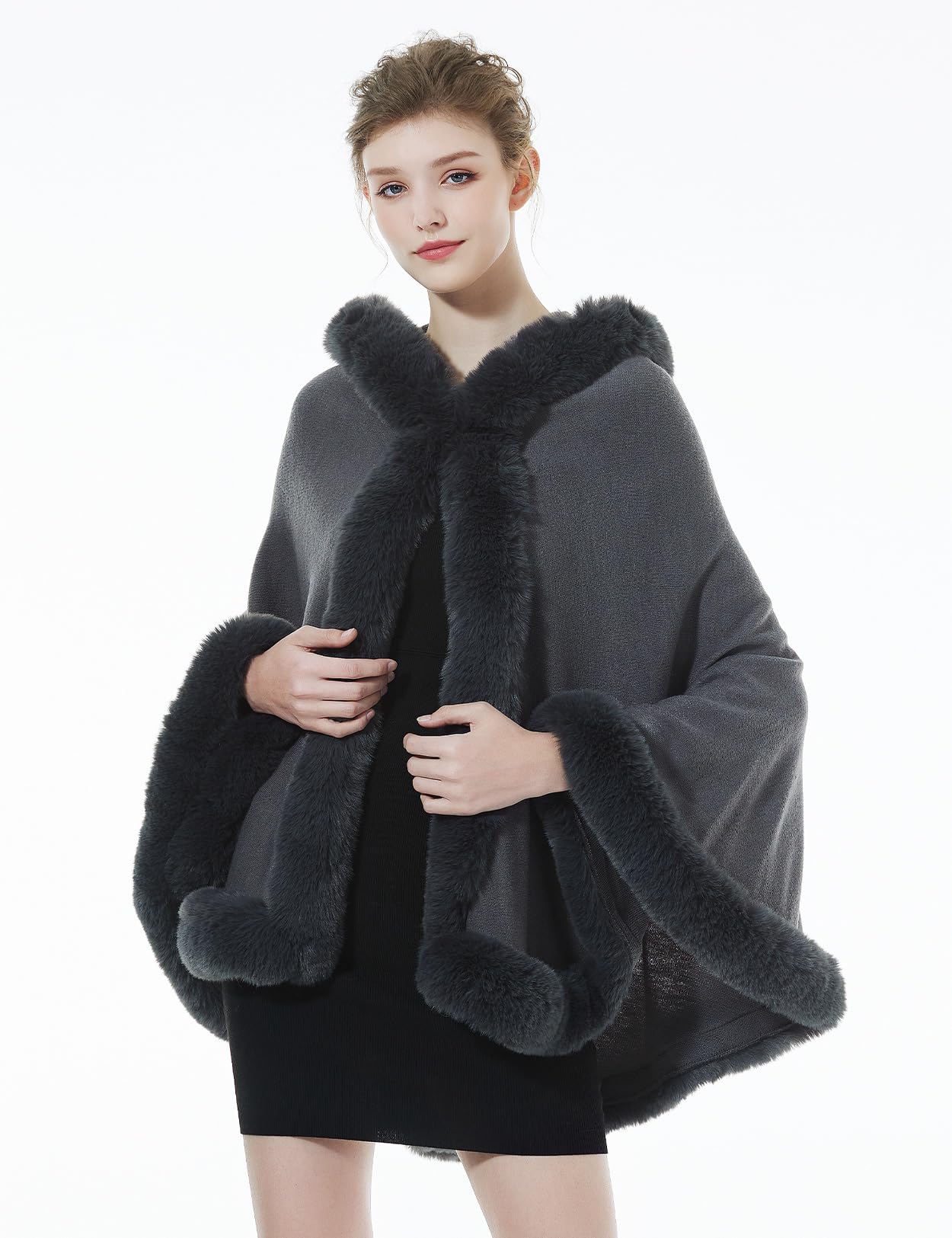 BEAUTELICATE Poncho Mantella di Pelliccia Sintetica Donna Invernale Stola Scialle con Cappuccio Lavorata a Maglia Cardigan per Cerimonia Festa Matrimonio