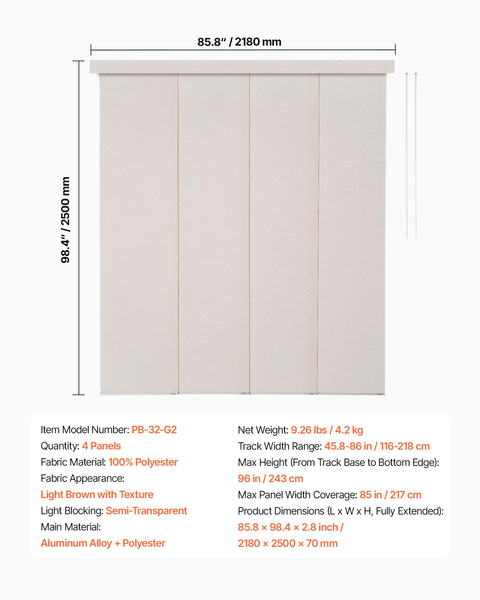 VEVOR Store à Panneaux sur Rail Extensible 116-218 cm de Largeur, Panneau Japonais Vertical Ajustable jusqu'à 243 cm de Hauteur, pour Portes Coulissantes, Séparation de Pièce, Fenêtres, Marron Clair