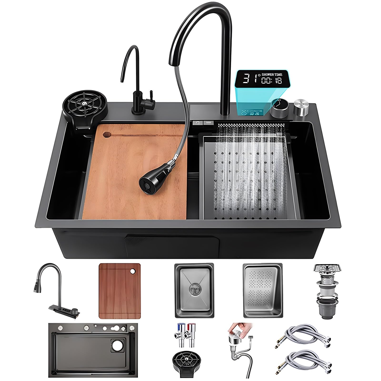 WIQUYBML Single Bowl Kitchen Sink Stainless Steel Waterfall With 3 In 1Pull-Out Tap, Chopping Board, And Cup Washer Multi-functional Bar Drop-in Or Undermount Installation(80x46cm)
