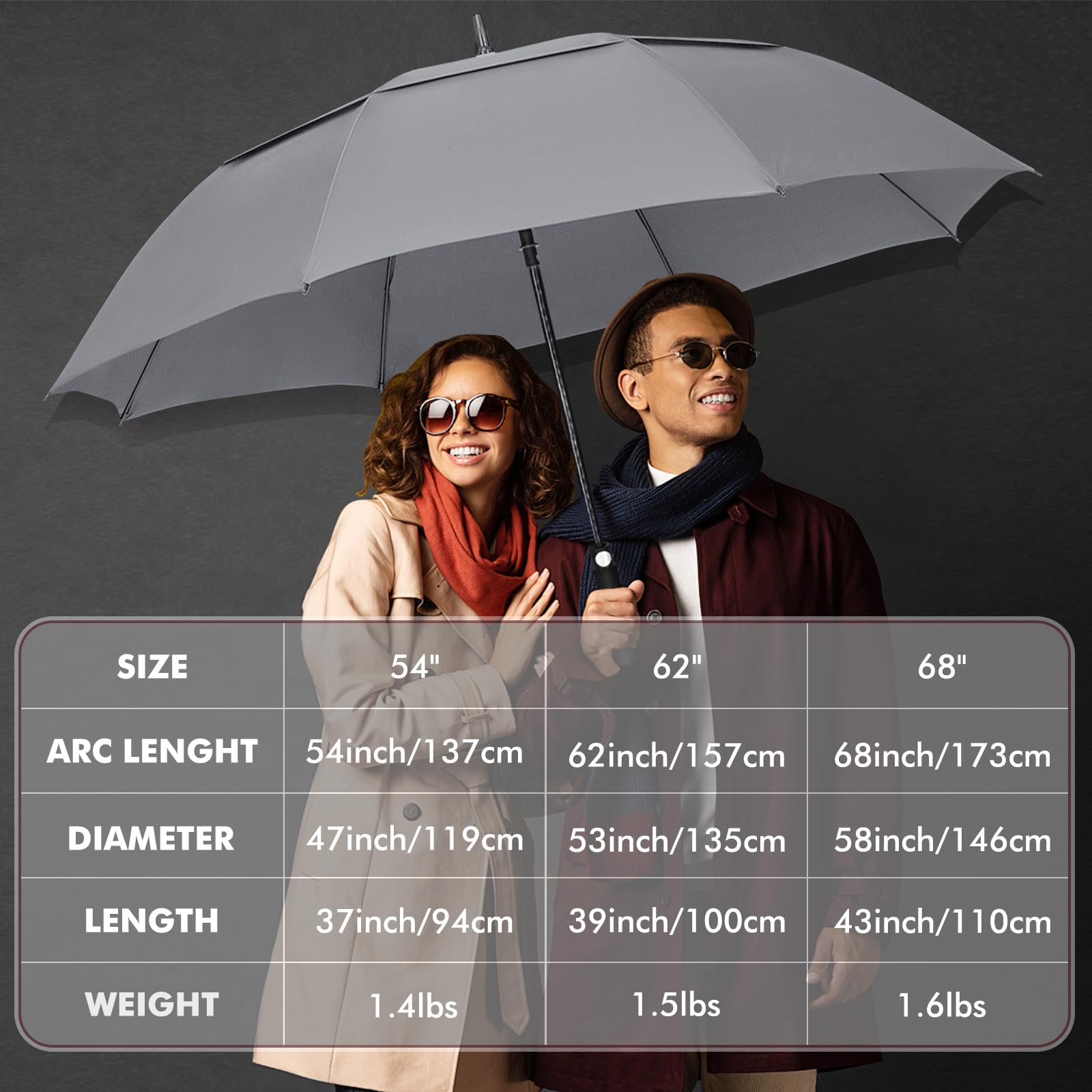 NINEMAX Large Golf Umbrella Windproof 54/62/68 Inch Extra Large, Automatic Open Double Canopy Vented Oversized Adult Umbrella for Rain and Wind