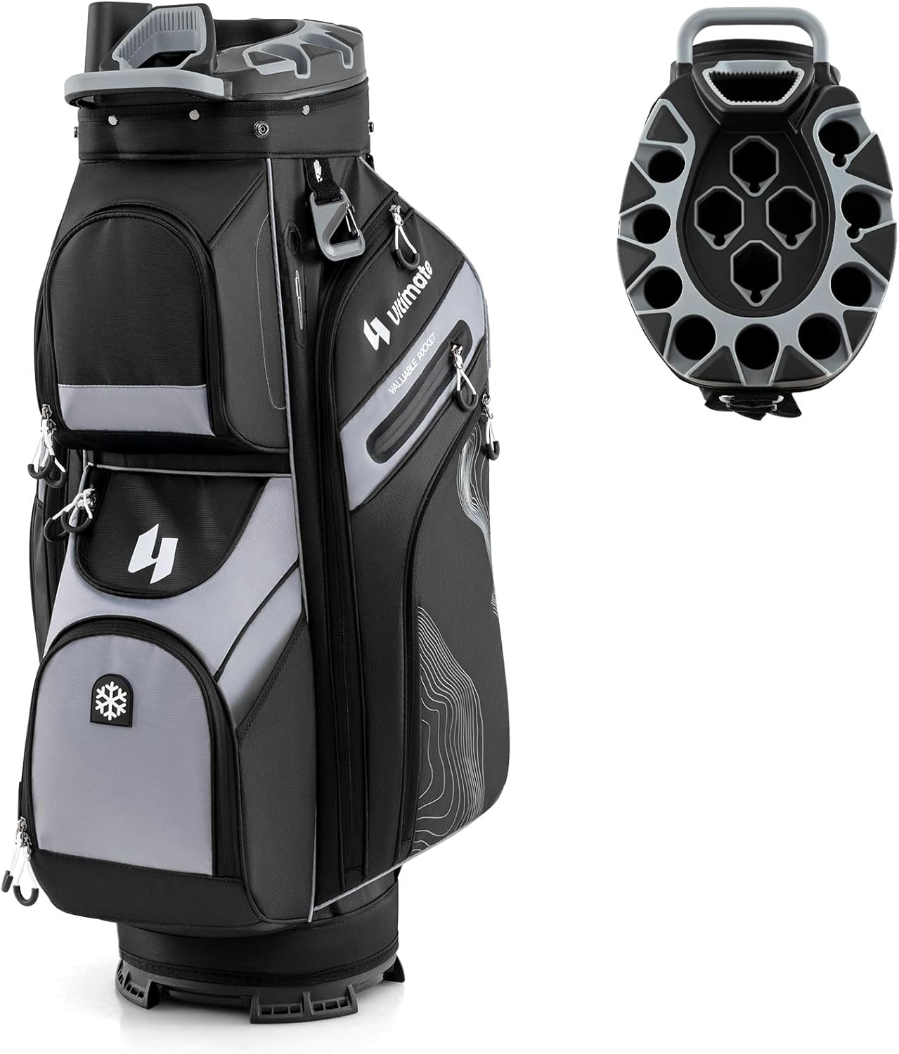 ULTIMATE 14-Way Golf Cart Bag, Golf Bag w/Molded Lock Top & Full Length Dividers, Portable Golf Club Bag w/11 Pockets, Cooler Bag, Padded Strap & Rain Hood for Men Women