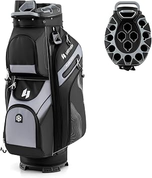 ULTIMATE 14-Way Golf Cart Bag, Golf Bag w/Molded Lock Top & Full Length Dividers, Portable Golf Club Bag w/11 Pockets, Cooler Bag, Padded Strap & Rain Hood for Men Women