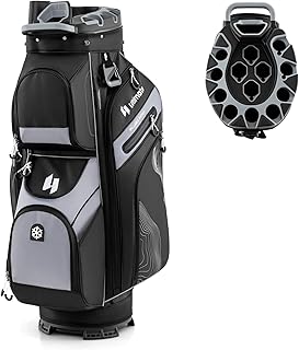 ULTIMATE 14-Way Golf Cart Bag, Golf Bag w/Molded Lock Top & Full Length Dividers, Portable Golf Club Bag w/11 Pockets, Cooler Bag, Padded Strap & Rain Hood for Men Women