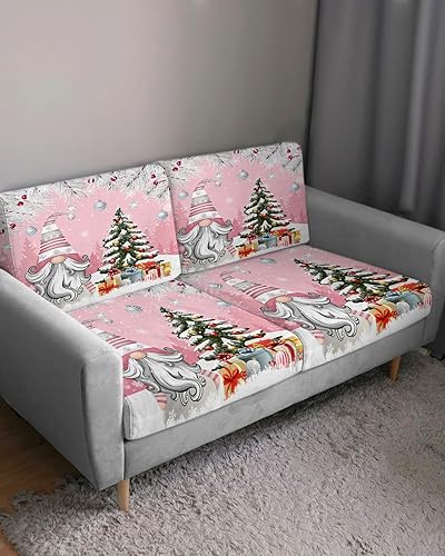Miniatura 3 de Fundas de cojín de Navidad con diseño de gnomos rosados, funda elástica para sofá con parte inferior elástica, diseño de bolas de árbol de Navidad,