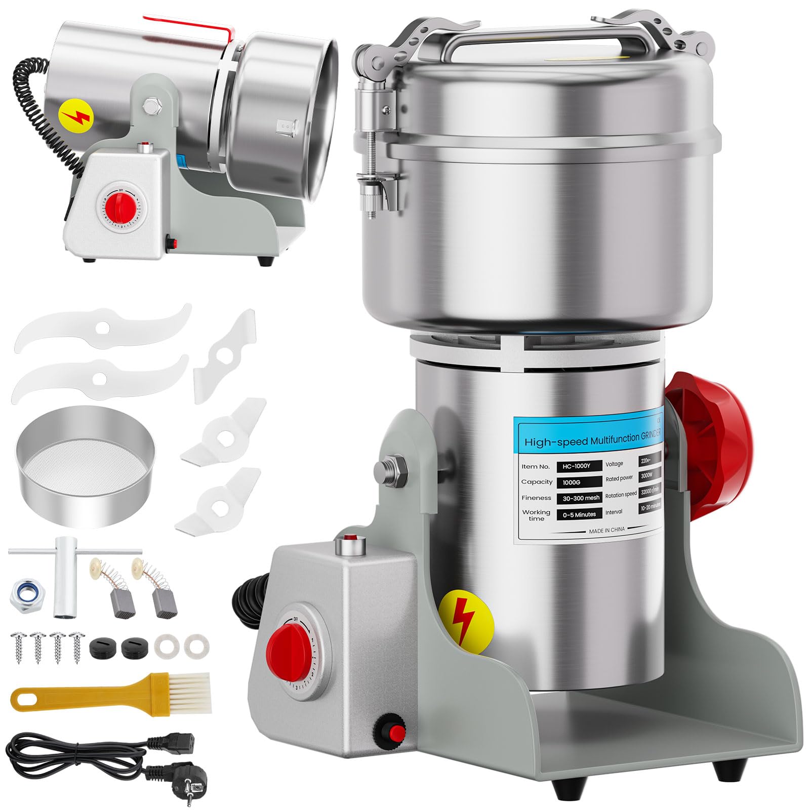 1000g Electric Grain Grinder, 3000W High-Speed Spice Mill, 32000RPM, 6-Blade Stainless Steel, 20S Superfine Grinding, 5-Min Timer, Overload Protection for Coffee, Nuts, Grains and More