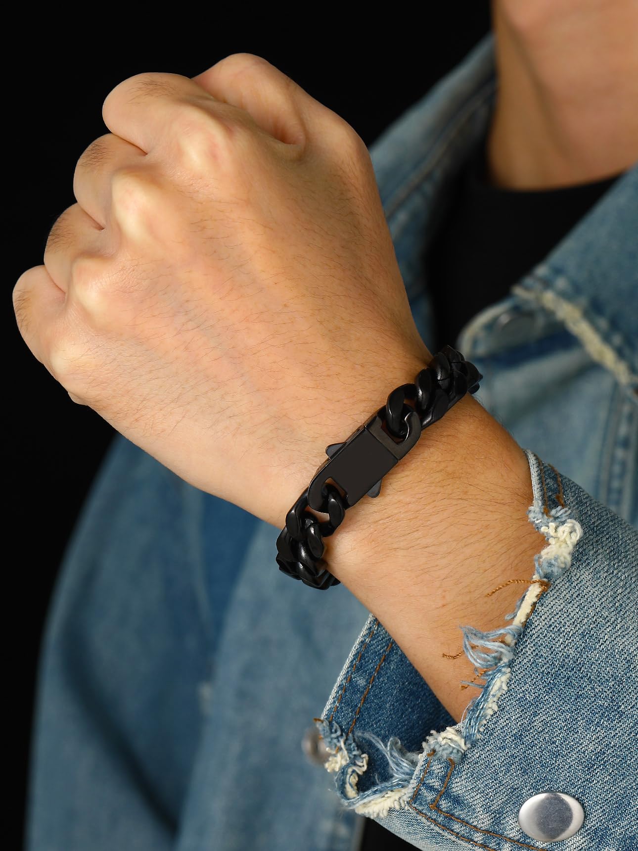 Bestyle Pulseras Cadena Cubano Miami 12mm Ancho Pulsera Cadena Cubana Acero Inoxidable 21cm Largo Pulseras Cubano de Cadena Pulsera Cubano de Miami Negro Pulseras Cadena Cubana Miami