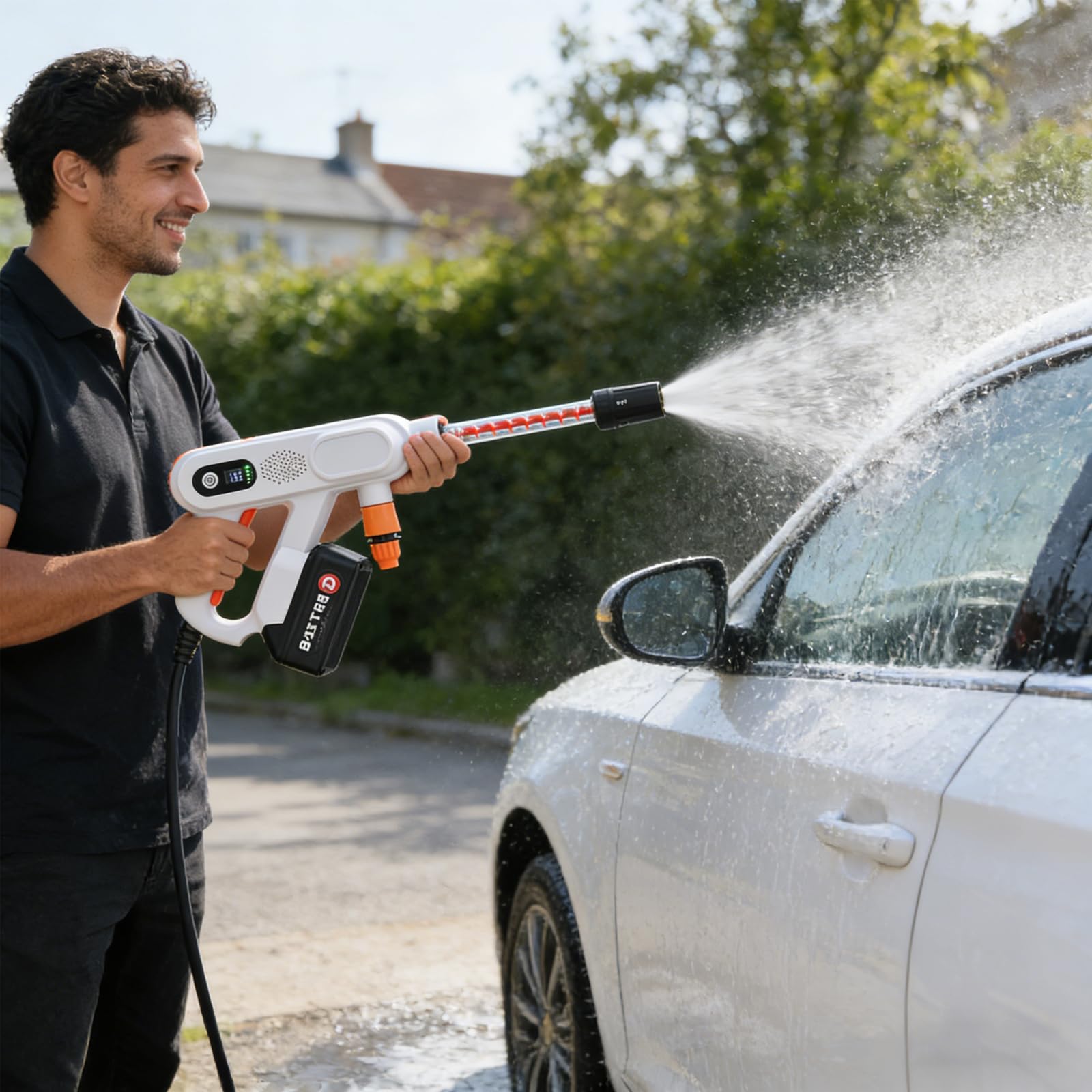 GOURIXIN Hidrolimpiadora Batería, Pistola Agua Presión Hidrolimpiadora Eléctrica Portátil con 2 Baterías, Pantalla Batería, Boquilla Ajustable, Tubo 5m y Filtro, para Coche, Jardín, Terraza Black